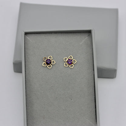 Vintage 9ct Gold and Amethyst Flower Stud Earrings, 1980s