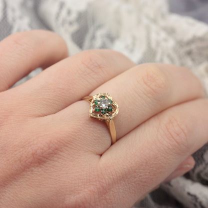 Vintage 9ct Gold, Green and White Spinel Heart Ring, 1979