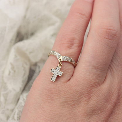 Pre-owned 9ct Gold Diamond Dangle Cross Charm Ring