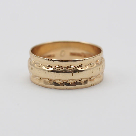 Vintage 9ct Gold Wide Patterned Band Ring, 7mm, 1973