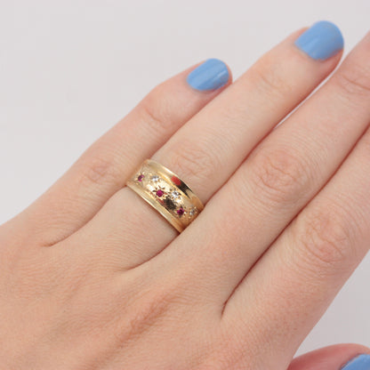 Vintage 9ct Gold Star Set Gemstone Wide Band Ring, 1962