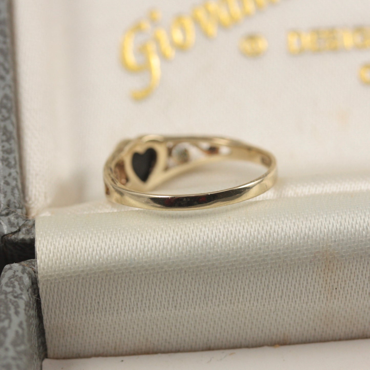 Dainty Vintage 9ct Gold Black Onyx Heart Signet Ring, 1992