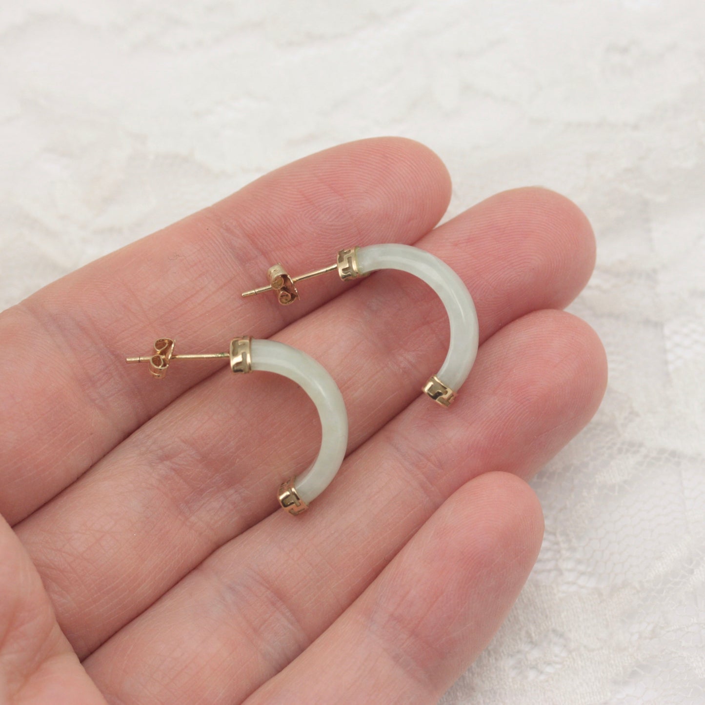 Pre-owned 9ct Gold and Jade Half Hoop Earrings