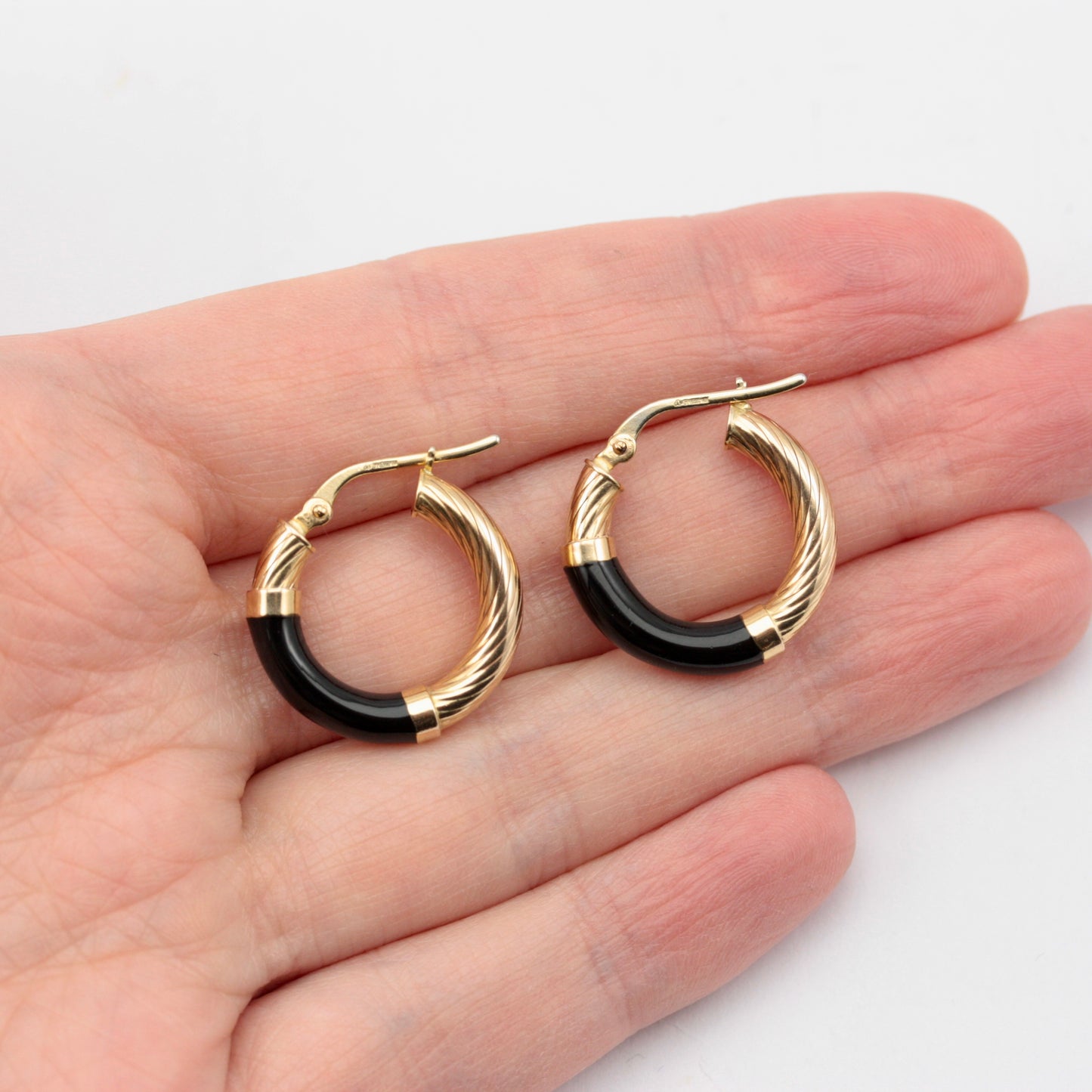 Vintage 9ct Gold & Black Enamel Hoop Earrings, 1993