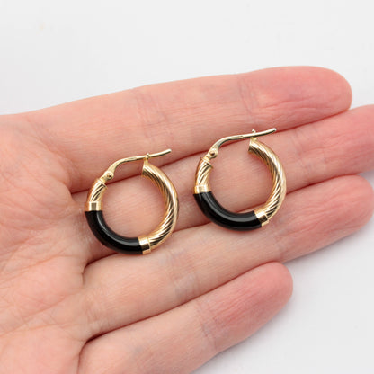 Vintage 9ct Gold & Black Enamel Hoop Earrings, 1993
