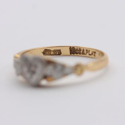 Early Vintage 18ct Gold + Platinum Floral Heart Ring with Diamond