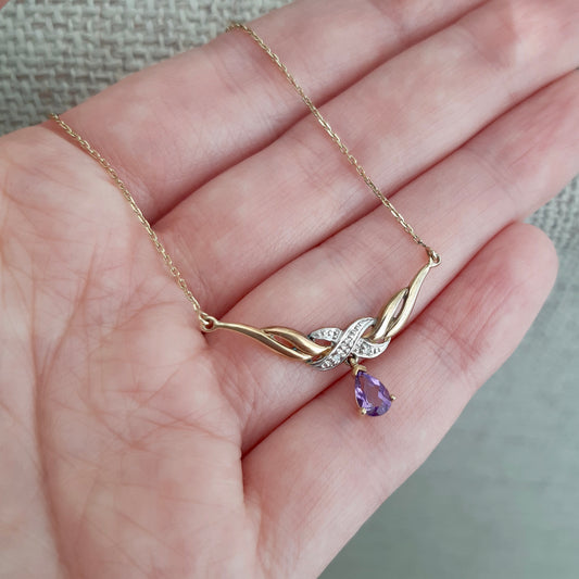 Vintage 9ct Gold Necklace with Pear Amethyst Drop and Diamonds, 80s / 90s