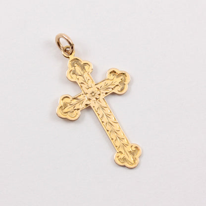 Vintage 9ct Gold Floral Engraved Cross Pendant