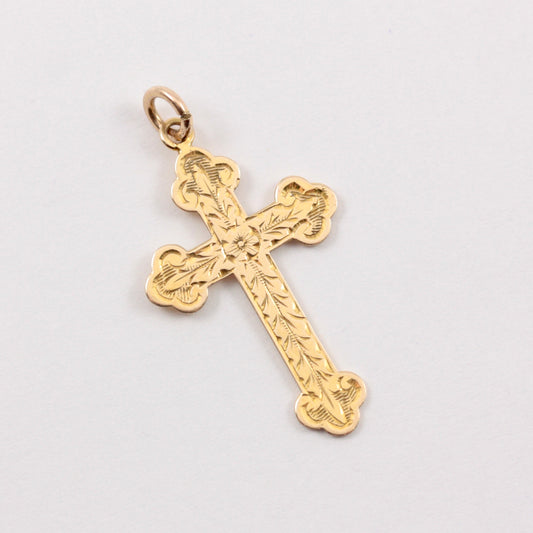 Vintage 9ct Gold Floral Engraved Cross Pendant