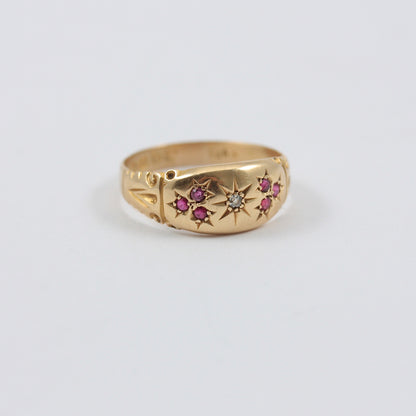 Antique 18ct Gold Band Ring with Ruby and Diamond, 1908 + Resize