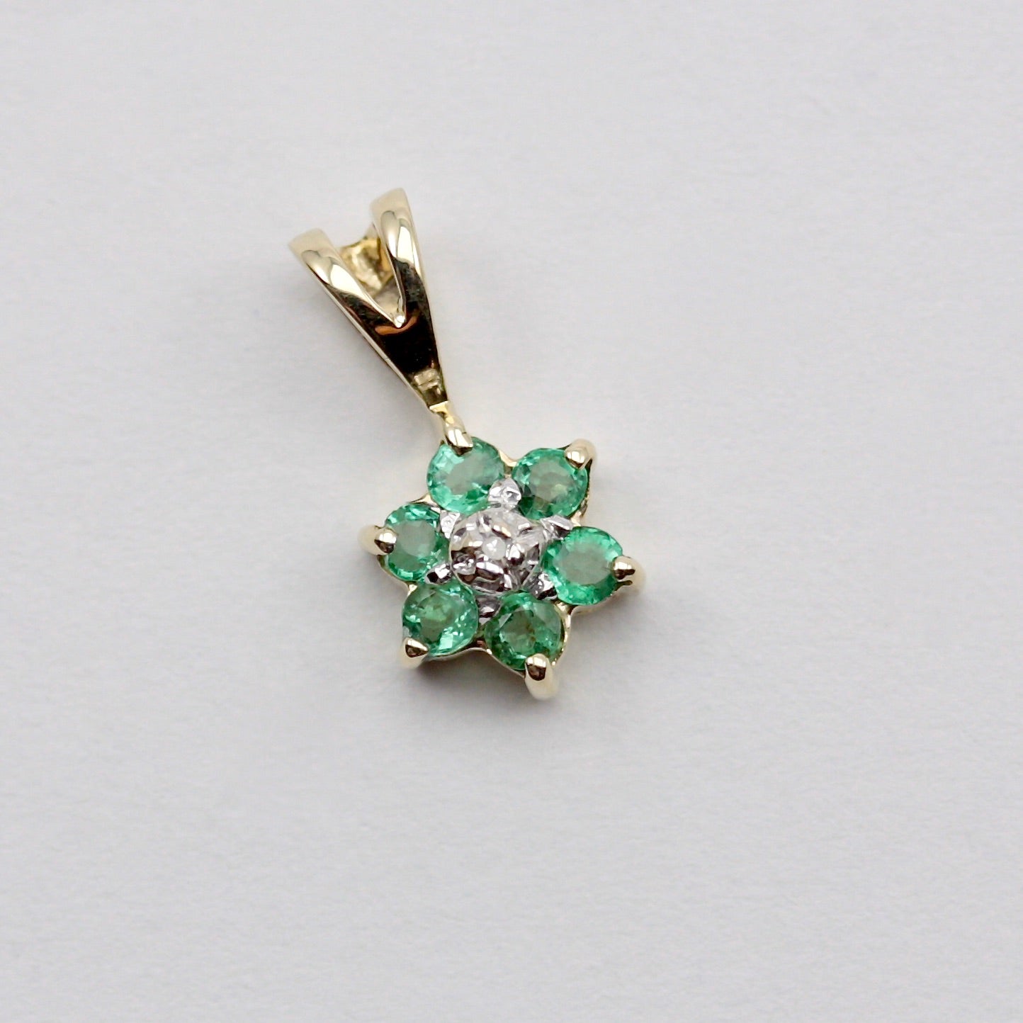 Tiny Vintage 9ct Gold Emerald and Diamond Cluster Pendant