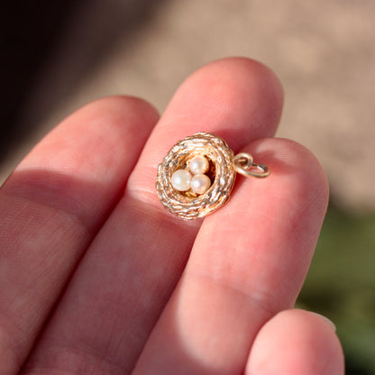 Vintage 9ct Gold Nest Charm with Three Pearl "Eggs" 1972