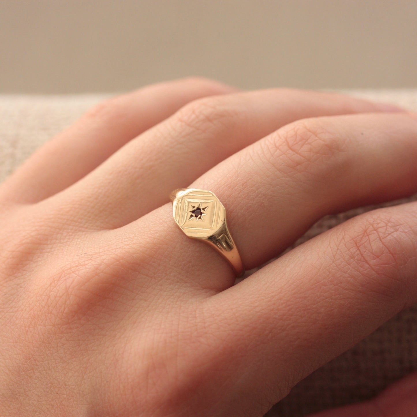 Vintage 9ct Gold Star Set Garnet Signet Ring, 1970