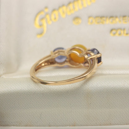 Pre-owned 9ct Gold, Tanzanite and Yellow Opal Three Stone Ring