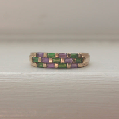 Late Vintage 9ct Gold Amethyst and Chrome Diopside Chequered Band