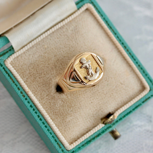 Modern Pre-owned Italian Two Tone 18ct Gold Anchor Signet Ring