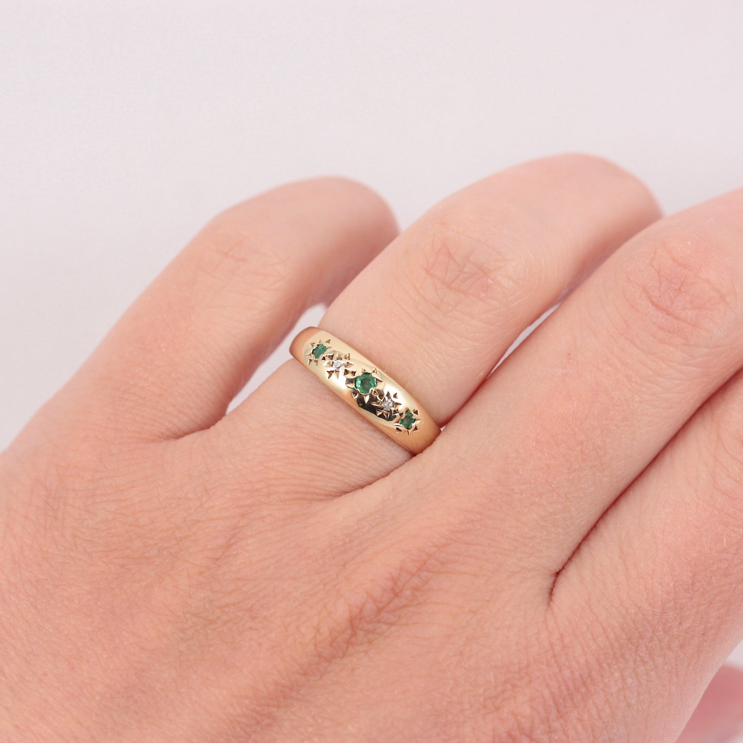 Vintage 9ct Gold Emerald & Diamond Gypsy Ring, 1979