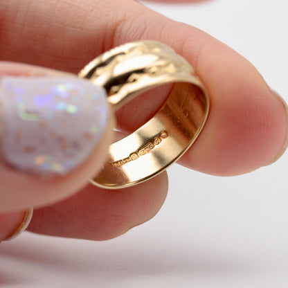 Vintage 9ct Gold Wide Patterned Band Ring, 7mm, 1973