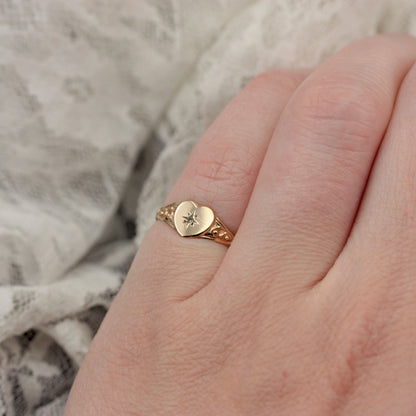 Small Pre-owned 9ct Gold and Diamond Heart Signet Ring, Size G 1/2