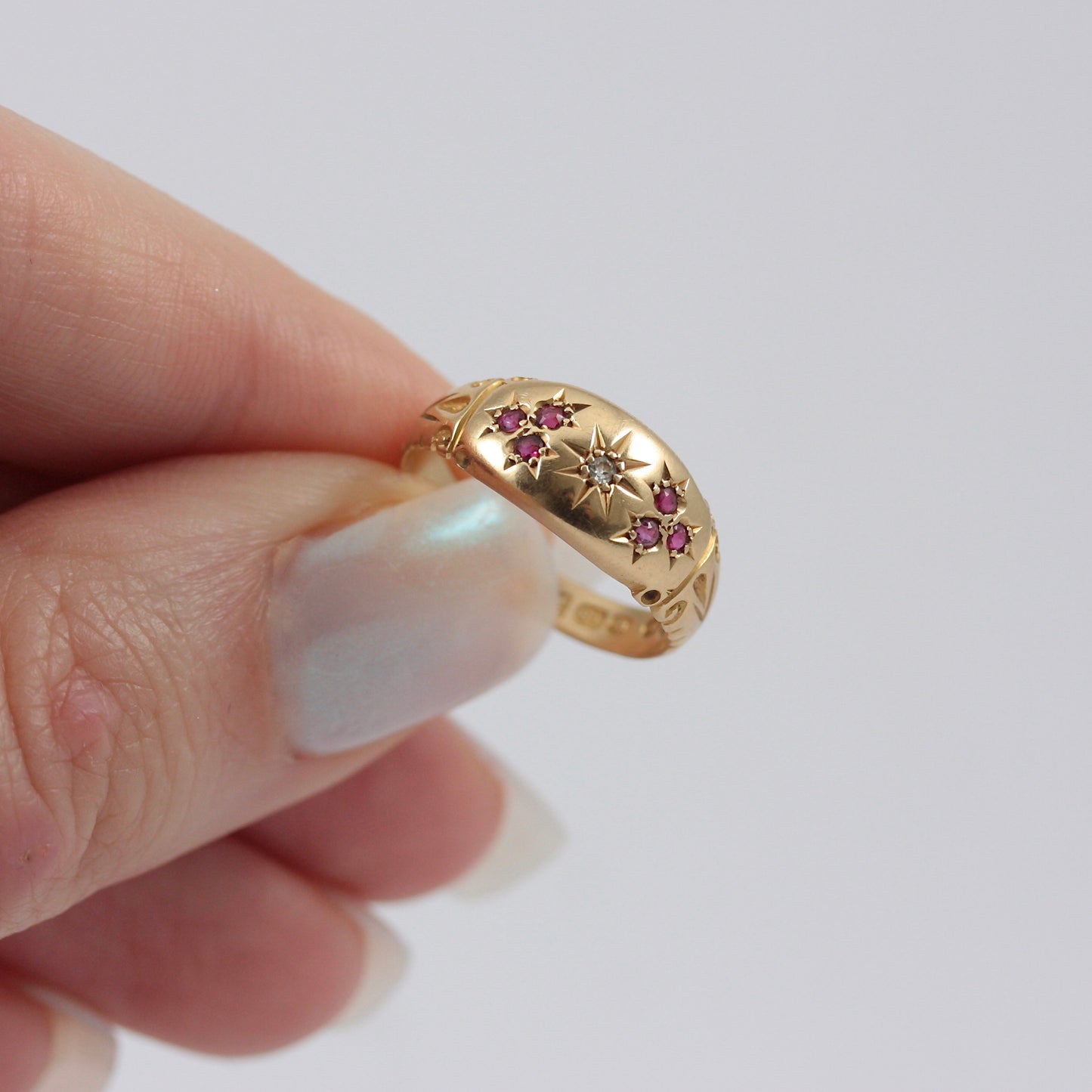 Antique 18ct Gold Band Ring with Ruby and Diamond, 1908 + Resize