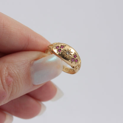 Antique 18ct Gold Band Ring with Ruby and Diamond, 1908 + Resize