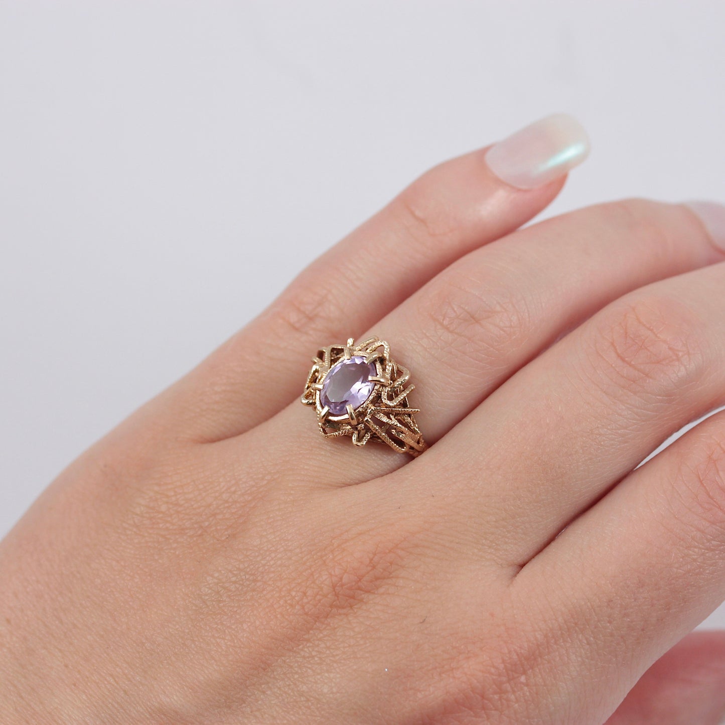 Vintage 9ct Gold Amethyst Brutalist Ring, 1973