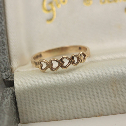 Dainty Vintage 9ct Gold Open Hearts Band, 1985