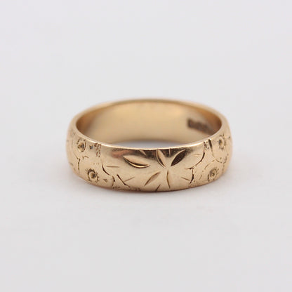 Vintage 9ct Gold Floral Patterned Band Ring, 1970