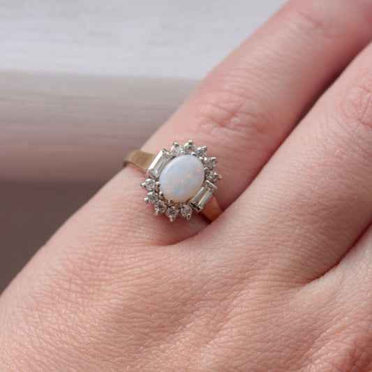 Vintage 9ct Gold Opal and Cubic Zircona Cluster Ring, 1989