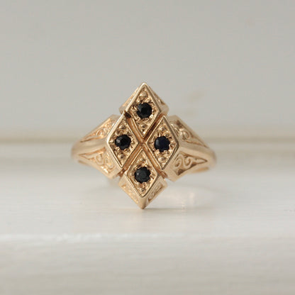 Pre-owned 9ct Gold & Black Sapphire Diamond Shaped Statement Ring