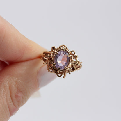 Vintage 9ct Gold Amethyst Brutalist Ring, 1973