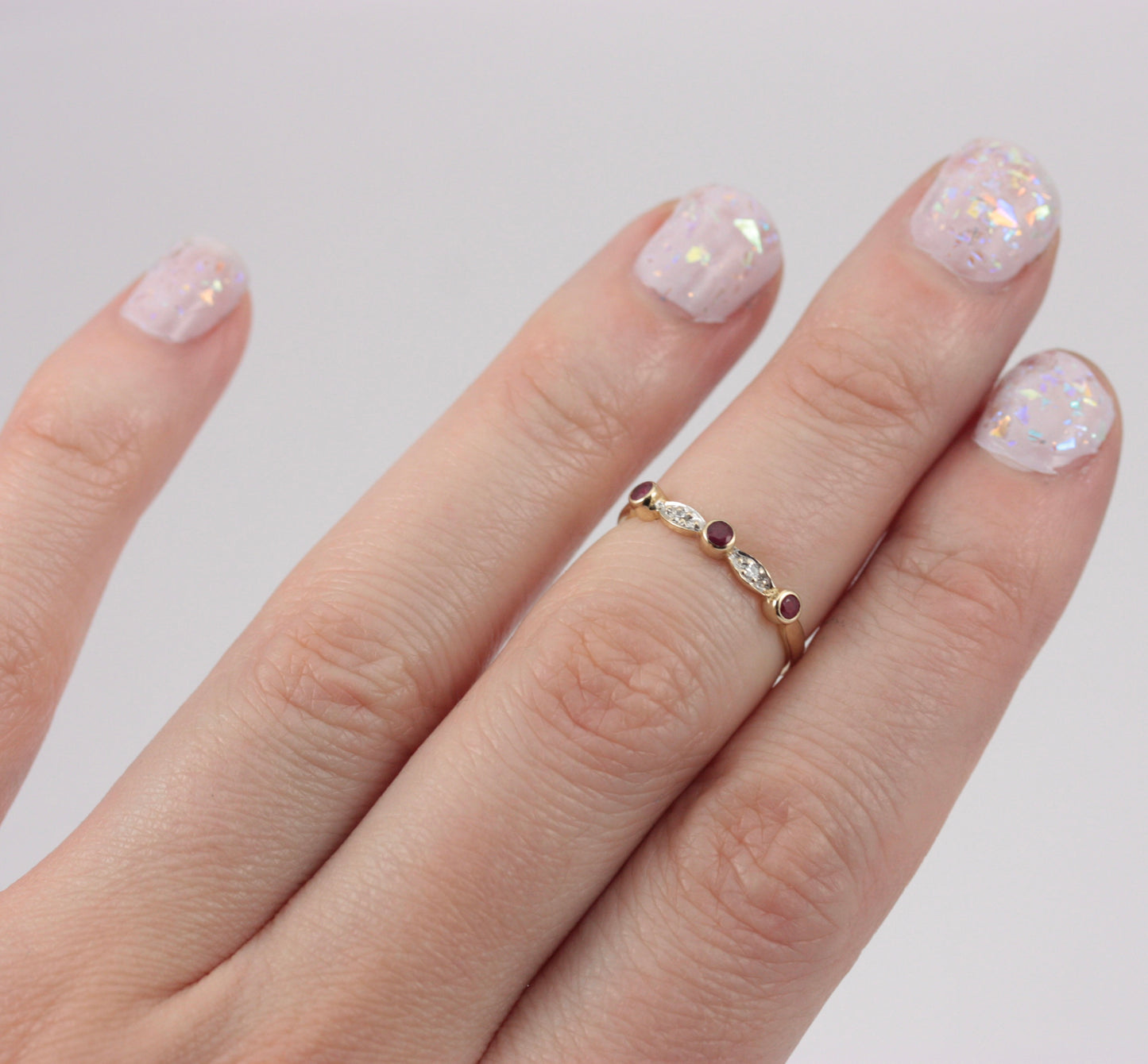 Pre-owned Dainty 9ct Gold Ruby and Diamond Band Ring