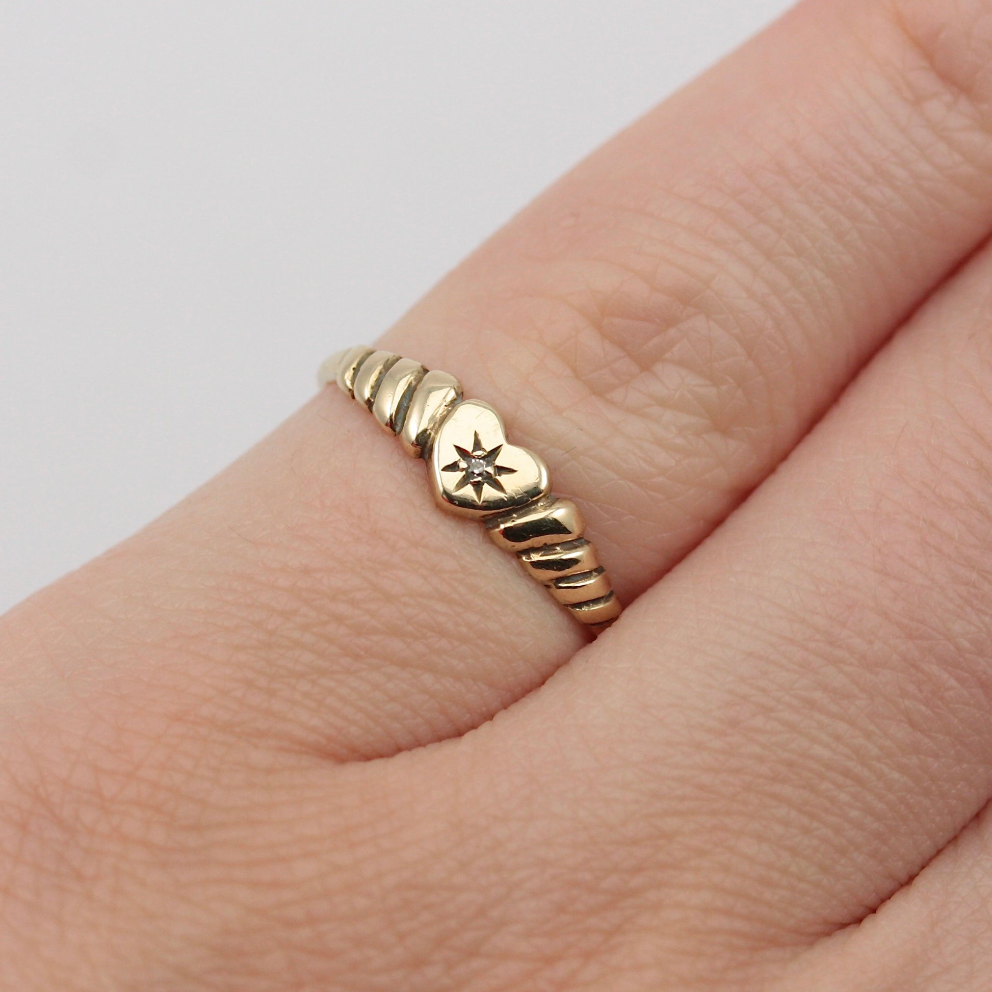 Dainty Vintage 9ct Gold Star Set Diamond Heart Ring, 1990