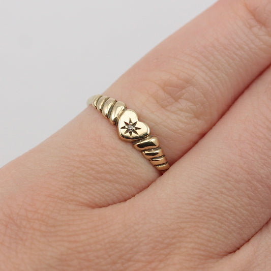 Dainty Vintage 9ct Gold Star Set Diamond Heart Ring, 1990