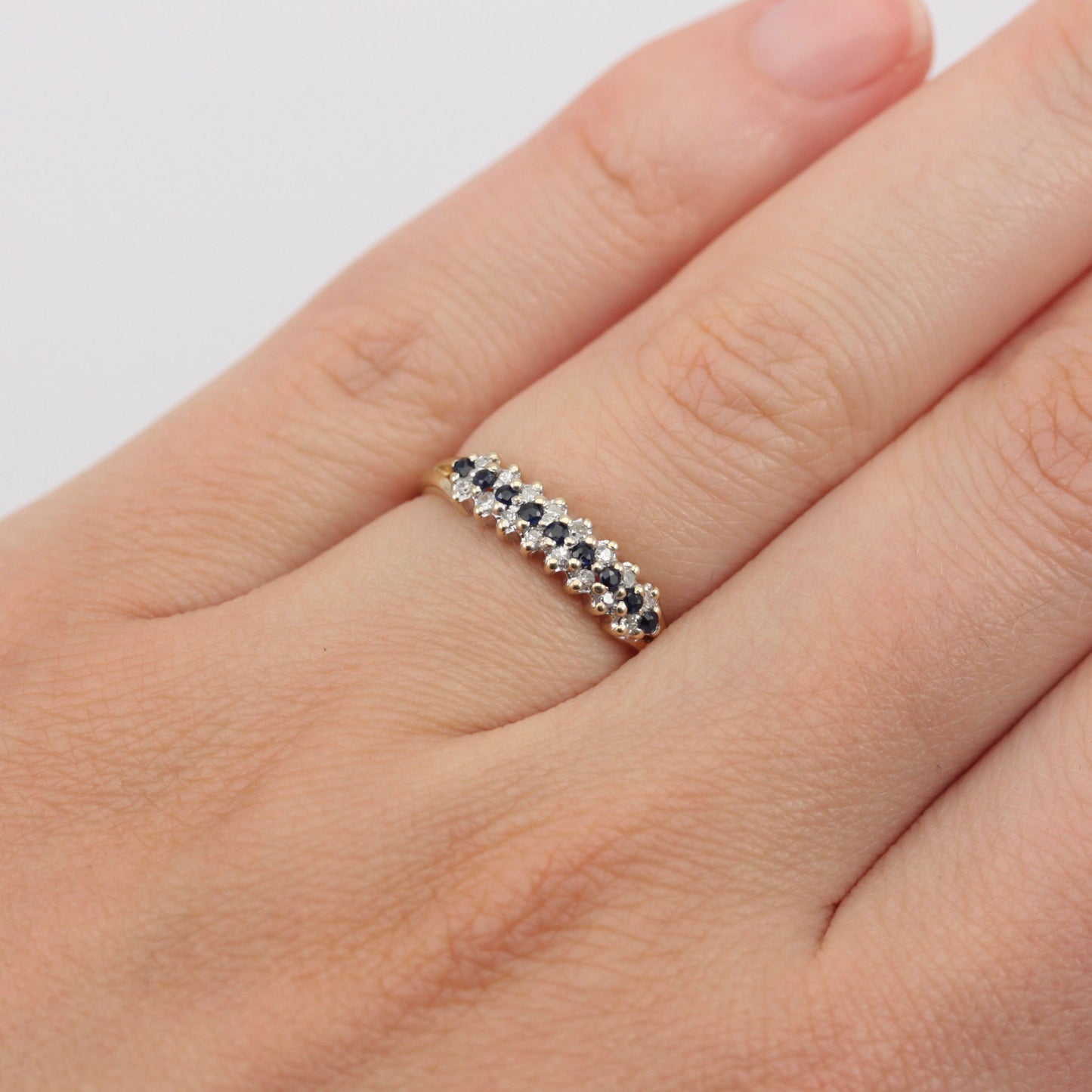 Vintage 9ct Gold Diamond Sapphire 3 Row Band Ring, 1986