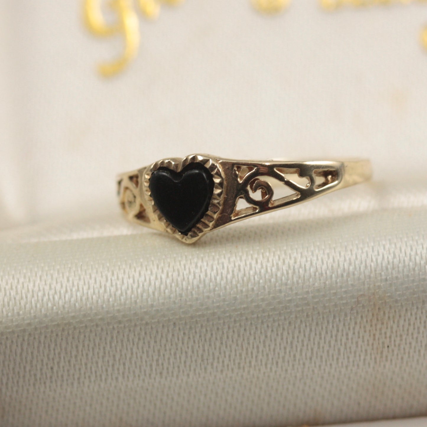 Dainty Vintage 9ct Gold Black Onyx Heart Signet Ring, 1992