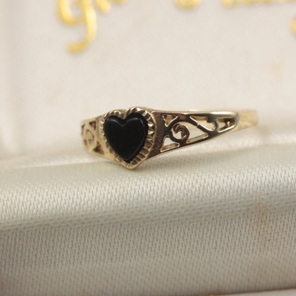 Dainty Vintage 9ct Gold Black Onyx Heart Signet Ring, 1992