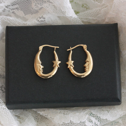 Pre-owned 9ct Gold Man In The Moon and Star Hoop Earrings