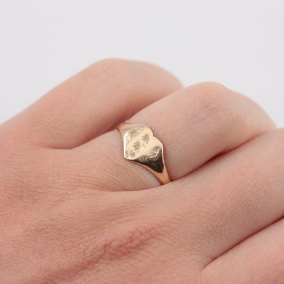Vintage 9ct Gold Star Engraved Heart Signet Ring, 1977