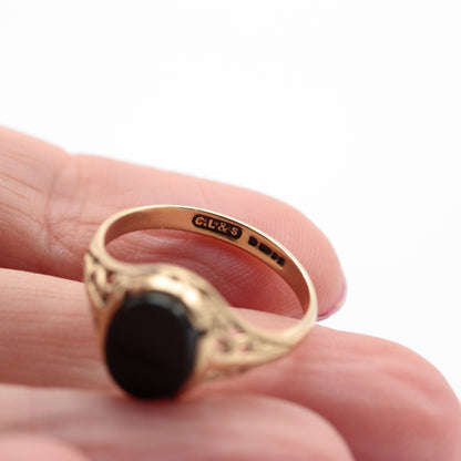 Vintage 9ct Gold Onyx Ring with Ornate Setting, 1975