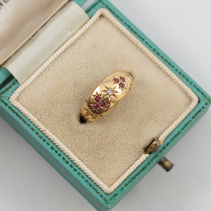Antique 18ct Gold Band Ring with Ruby and Diamond, 1908 + Resize