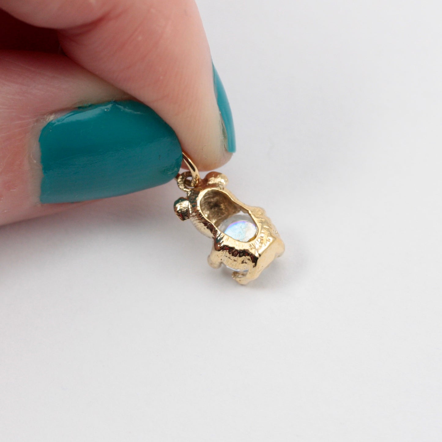 Tiny Vintage 9ct Gold Teddy Bear Charm with Aurora Borealis Crystal Belly, 1989