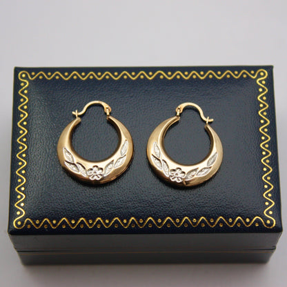Pre-owned 9ct Two Tone Gold Floral Creole Hoop Earrings, Medium