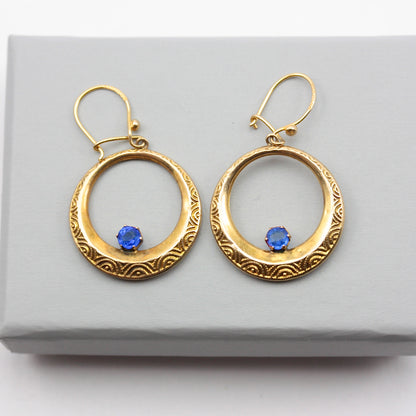 Vintage 9ct Gold Dangle Hoop Earrings with Blue Crystal, 1976
