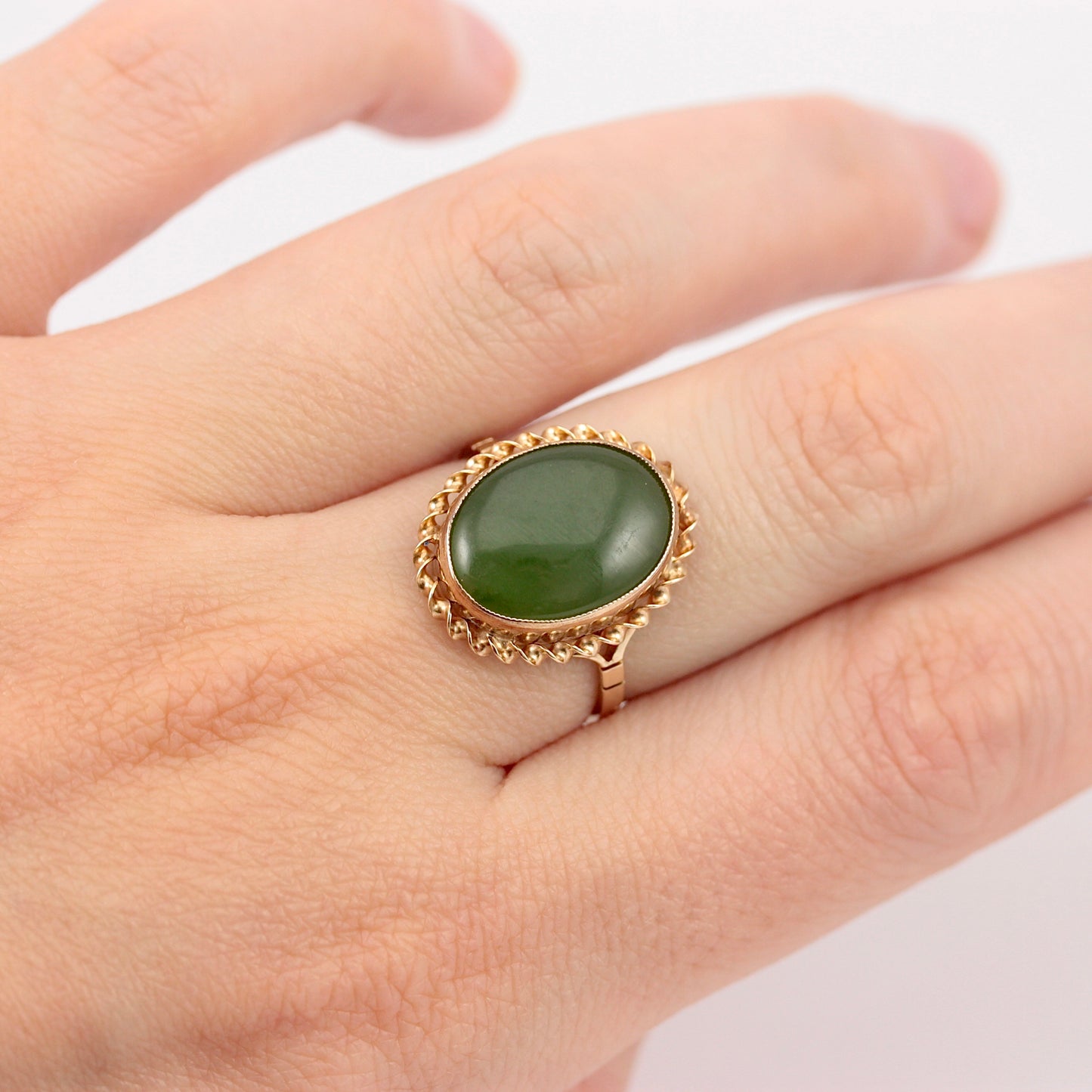 Vintage 9ct Gold Nephrite Jade Rope Frame Ring, 1990