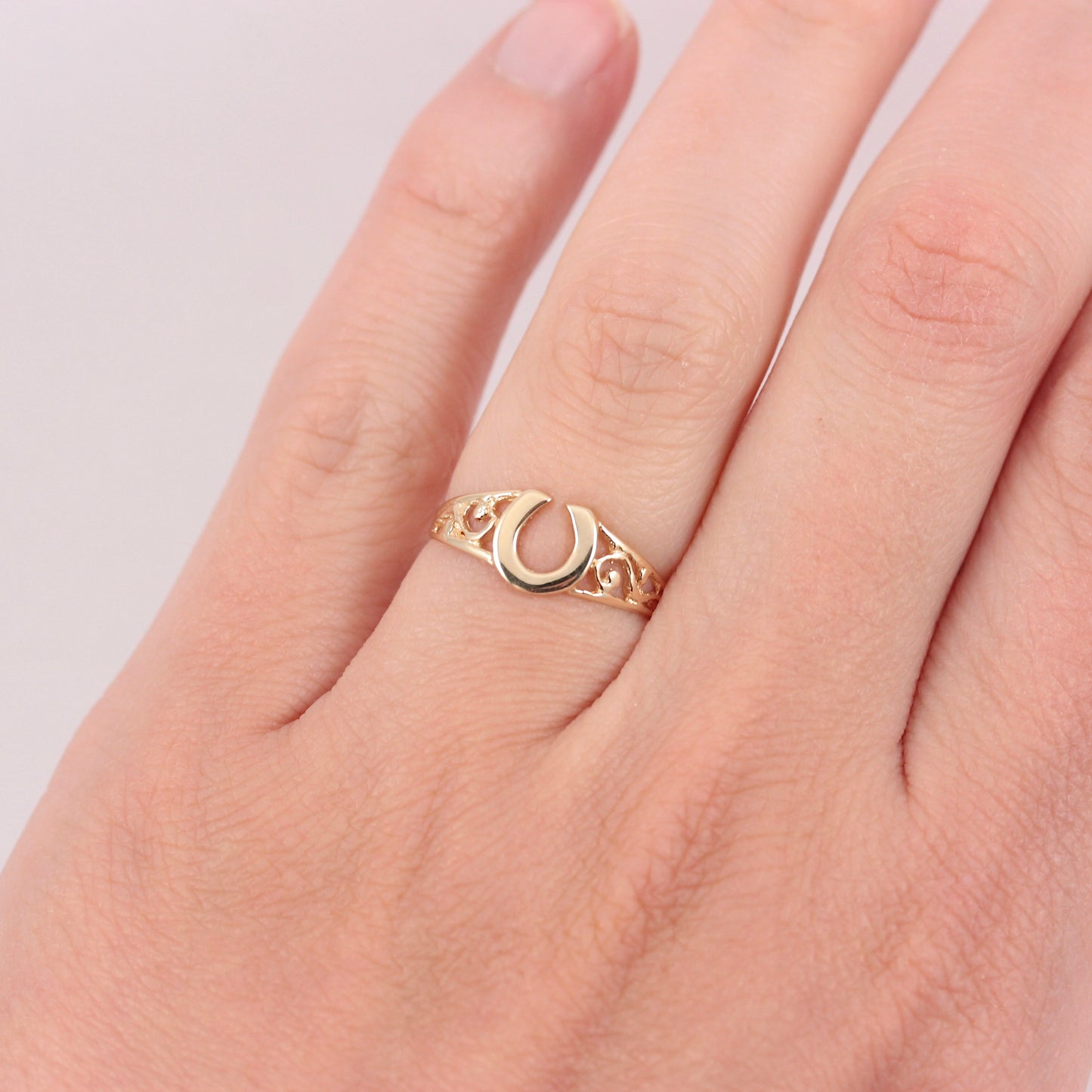 Vintage 9ct Gold Horseshoe Ring with Open Shoulders, 1981