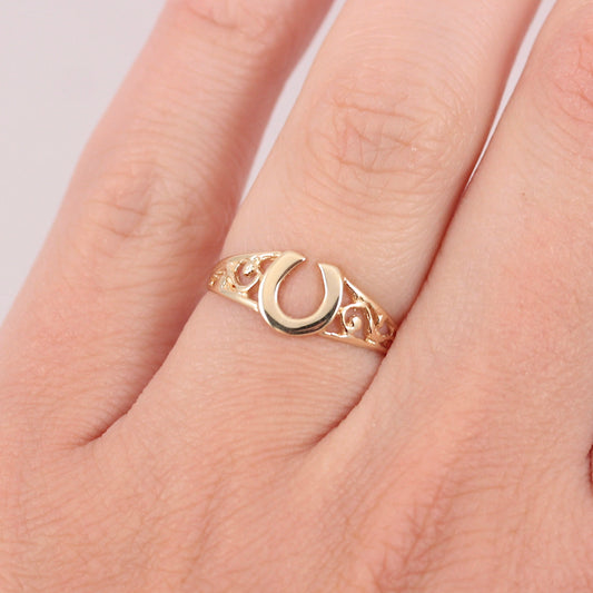 Vintage 9ct Gold Horseshoe Ring with Open Shoulders, 1981