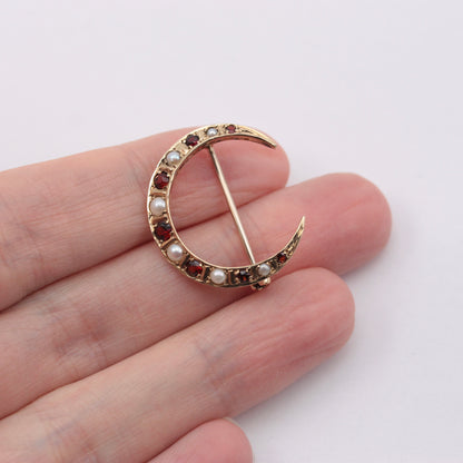 Vintage 9ct Gold Moon Brooch with Garnets and Pearls, 1981