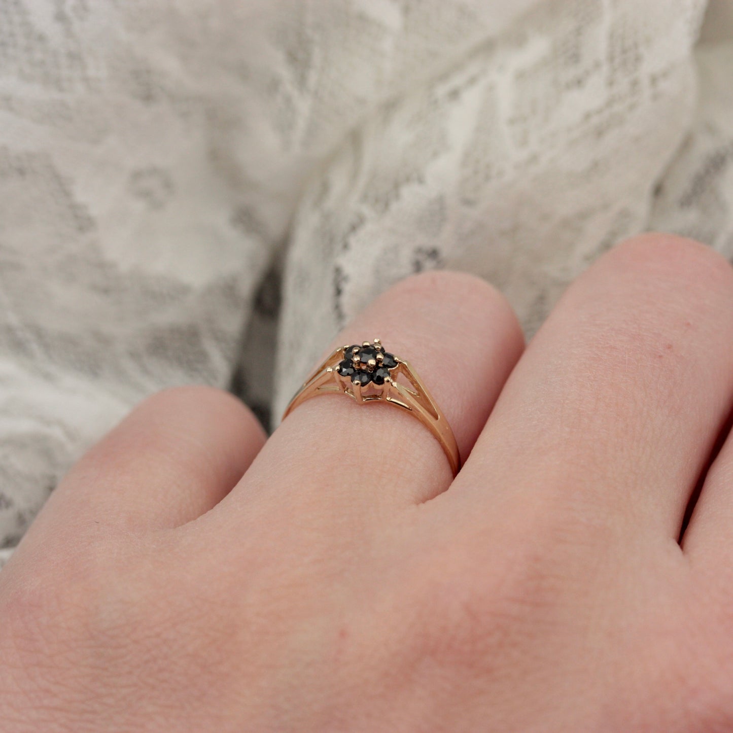 Dainty Vintage Dark Sapphire Flower Cluster Ring, 1984