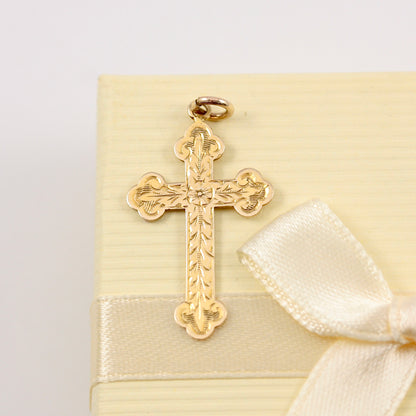 Vintage 9ct Gold Floral Engraved Cross Pendant